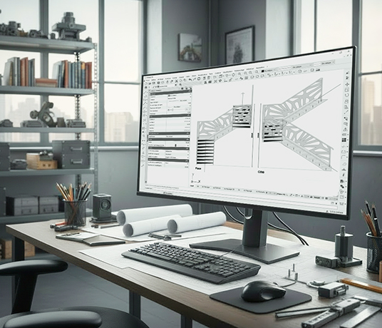 Bureau de design avec écran et plans techniques.
