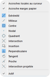 Menu des accroches d’objets dans logiciel CAO